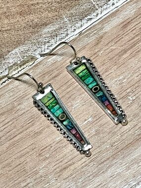 Silver Multicolor Inlay Drop Earrings - Women Jewelry